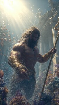 Greek mythology sea god Poseidon. Fantasy. A vivid portrayal of a muscular man with long, flowing hair and a beard, wielding a trident, stands amidst a serene underwater environment.