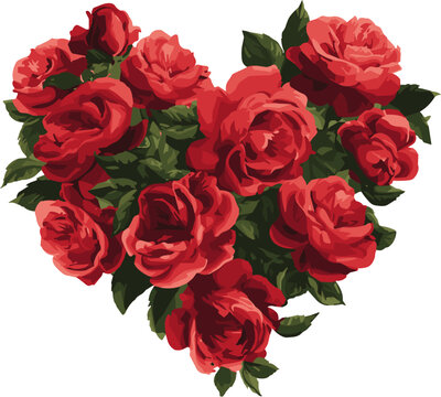 Red rose heart shape, romantic floral arrangement, vintage style illustration for Valentine&rsquo;s Day, love and wedding design