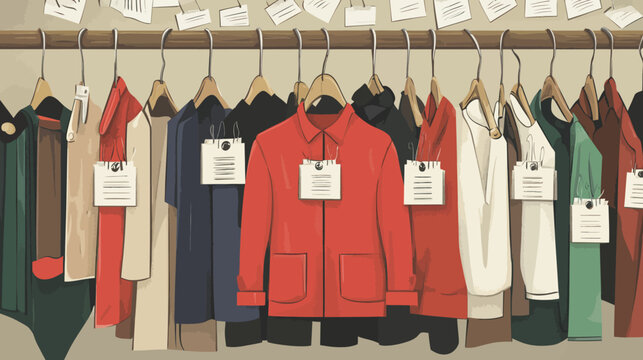 Illustration of a rack of diverse, colorful clothes hanging on a wooden rod with price tags