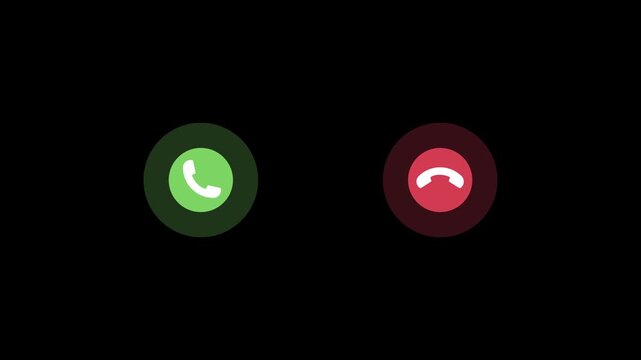 Simple animation of the buttons to accept or cancel a call. Round buttons in green and red. Incoming and decline phone icons