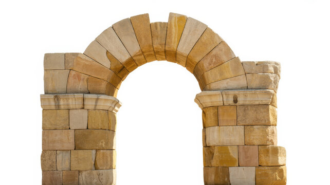 Ancient stone archway made of sandstone blocks isolated on a plain white background