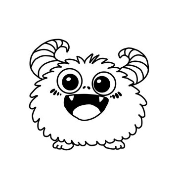 Cute Fluffy Monster with Open Mouth &ndash; Black and White Illustration
