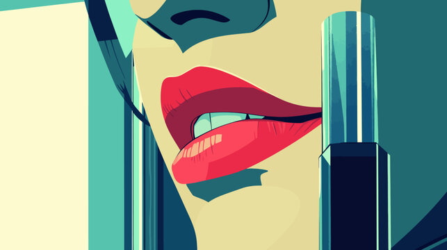 Bold digital illustration of red lips, teeth, nose, and part of a lipstick tube. Retro style