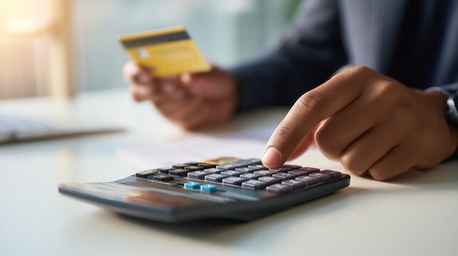 Close up of hand using calculator with credit card. Budget planning, expenses calculation and personal finance management concept.