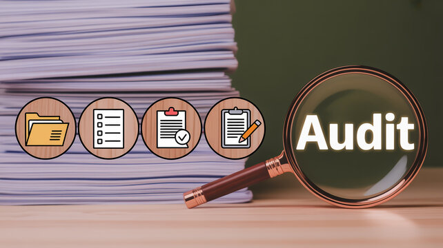 Magnifying glass over wooden blocks spelling out audit with coins and documents