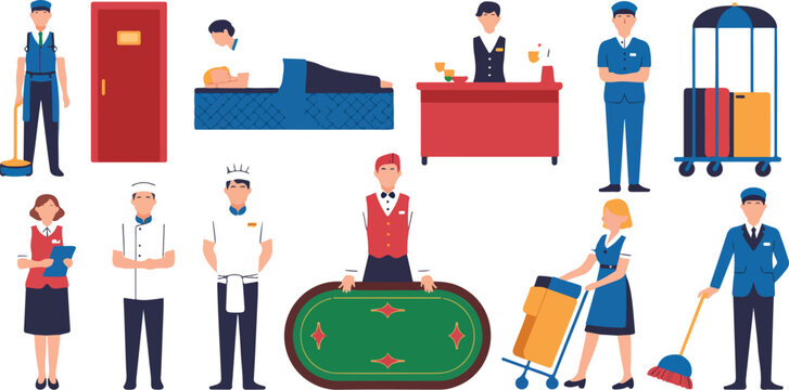 Hotel staff people vector illustration set with receptionist bellhop chef and maid, flat hospitality service collection isolated on white