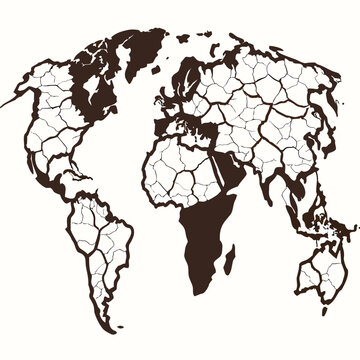 World map with cracked soil texture continents illustration on white background