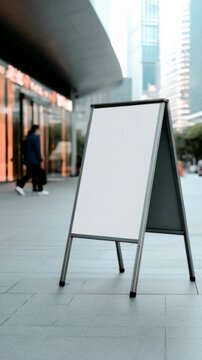 An empty white signboard on a black metal stand against a blurred cityscape.