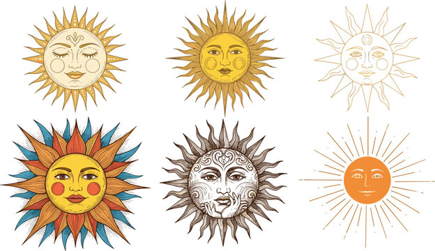 Vintage sun face vector illustration collection, decorative celestial sun symbols with human expressions, radiant rays, and boho mystical design elements