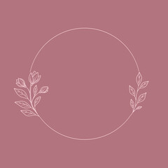 Okrągła ramka z kwiatami magnolii i liśćmi – różowe tło, elegancki styl botaniczny © Monika