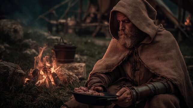 Europe medieval lifestyle. A dramatic, atmospheric portrayal of a man in a rustic setting. He wears a hooded cloak and leather armor, and holds a cast iron skillet filled with sausages.