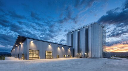 Fototapeta premium Wide Shot of a Large Modern Industrial Building with Stainless Steel Tanks Against a Blue Sky Background Architectural Photography Industrial Environment Aerial View