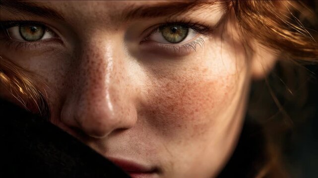 A detailed showing a woman's face in profile with red hair and freckles on her skin.