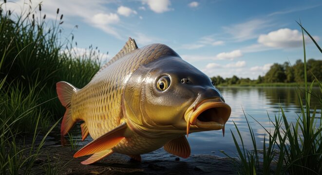 large common carp fish jumping from calm freshwater lake at golden hour with lush green reeds