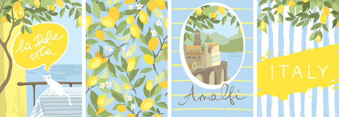 Summer trip to Italy. Funny postcards with lemons, a white cat and a view of the town of Amalfi. Summer and Mediterranean themed design set. Hand drawn vector illustration in watercolor style. © imagination13