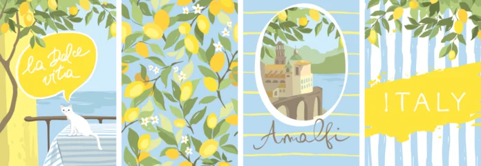 Summer trip to Italy. Funny postcards with lemons, a white cat and a view of the town of Amalfi. Summer and Mediterranean themed design set. Hand drawn vector illustration in watercolor style. © imagination13