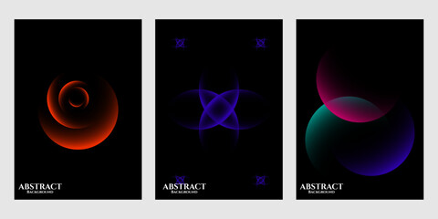 Vibrant abstract art triptych with glowing shapes on black background © salman