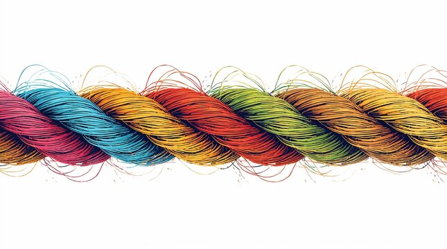 Colorful twisted rope strands on white background unity concept