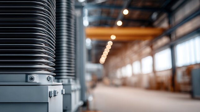 Close Up of Industrial Ventilation Ducts and Metal Equipment in Blurred Factory Interior
