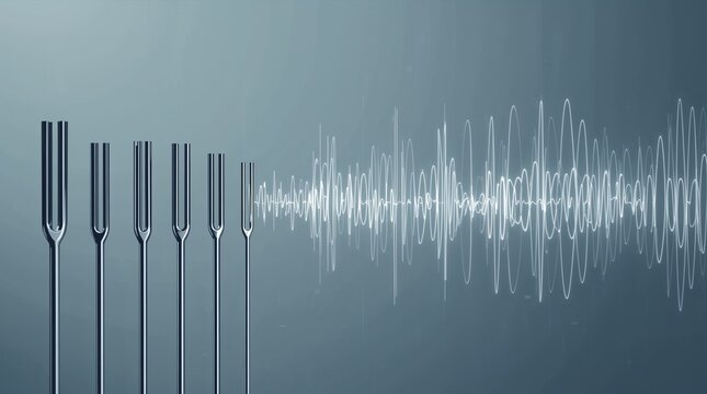 Tuning forks resonating with sound wave visualization on gradient background showing acoustic frequency concept