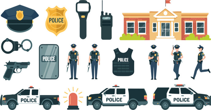 Police equipment flat vector set cartoon patrol officer tools bulletproof vest badge car handgun flashlight law enforcement collection