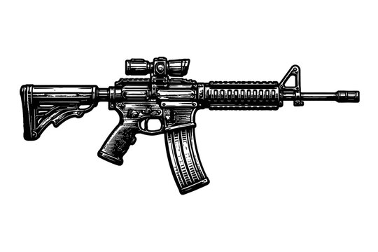 Black and white illustration of a modern assault rifle with scope and magazine