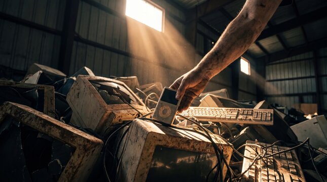 Man's hand holding vintage portable music player amid pile of discarded computers and keyboards. Electronic waste in industrial warehouse with sunlight