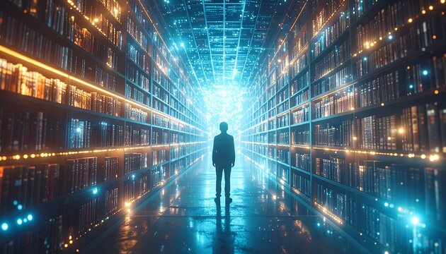 巨大なデータ図書館のような言語モデルの内部空間を旅する人物のシルエット