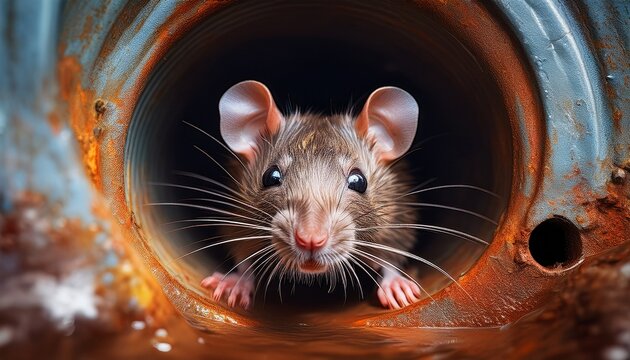 closeup of a rat inside a rusty sewer pipe rat looking out of a drain in the sewerage system rodent problem in the canalization system unsanitary concept generative ai