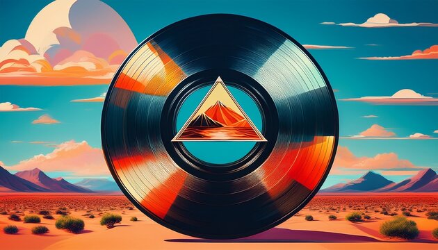 vinyl record with modern triangle design against a blue sky background featuring clouds and desert landscape showcasing contemporary artistic style and vibrant colors