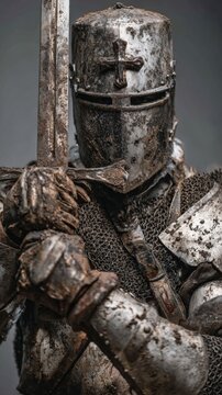Europe medieval lifestyle. A detailed, closeup shot of a medieval knight in full armor. The knight wears a helmet with a cross emblem, a chainmail suit, and gloves. The armor is weathered and worn.