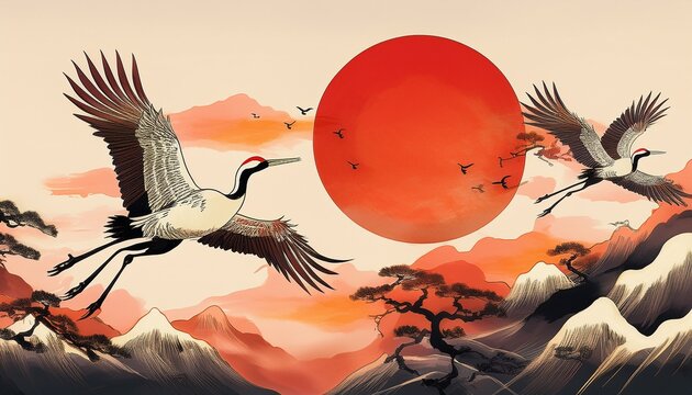 graceful cranes flying past a red sun ink painting style