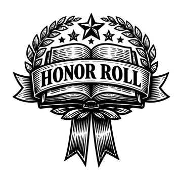 Vintage honor roll badge with open book and laurel wreath on white background