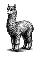 Fototapeta premium Detailed black and white illustration of an alpaca standing on a plain background looking to the left