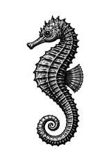 Fototapeta premium Detailed black and white illustration of a seahorse with intricate texture and pattern on its body and tail