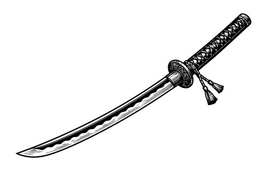 A traditional Japanese katana sword with a wrapped handle and tassels on a white background