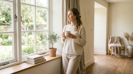 Woman holding a mug of coffee looking out a window at a garden