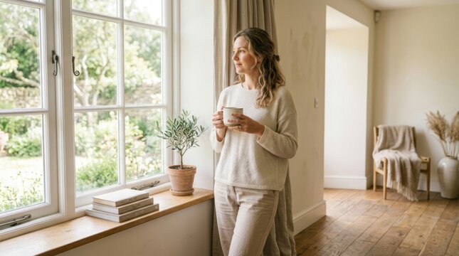 Woman holding a mug of coffee looking out a window at a garden