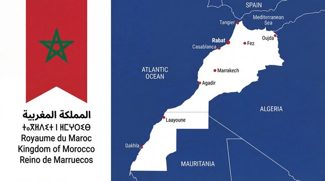 Detailed Political Map of Morocco with Flag and Major Cities
