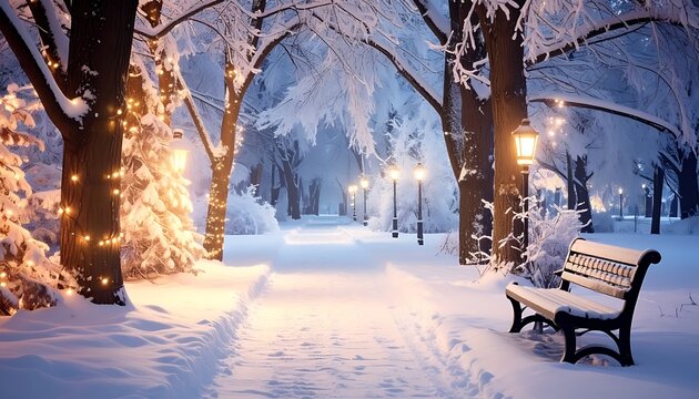 Snowy park pathway with lit lampposts and trees. A bench sits to the side in the peaceful, white winter landscape