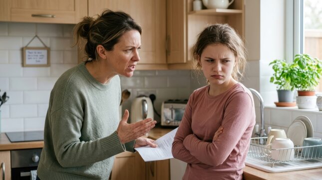 Mother scolding her teenage daughter in the kitchen over a document