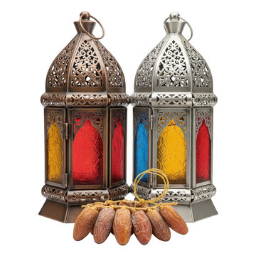 Elegant moroccan-style brass lanterns with colorful glass panels isolated on transparent background