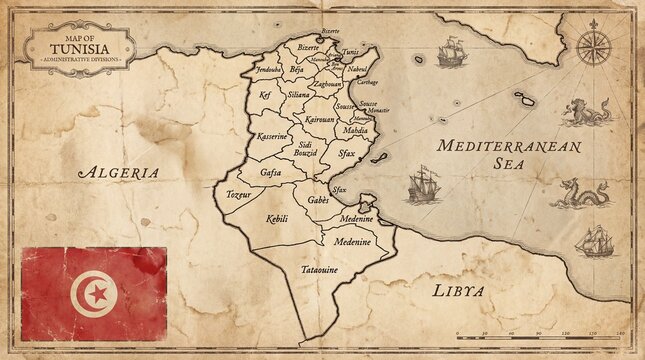 Antique Detailed Tunisia Map with Flag and Sea Monster Illustration