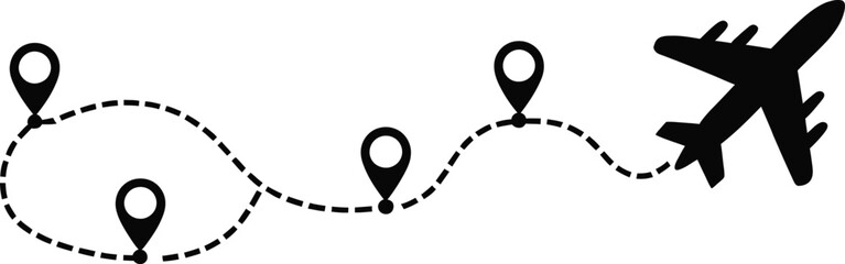 Obraz premium Airplane route icons illustration set, generic flight path lines with dotted travel routes aircraft start point and destination for travel design.