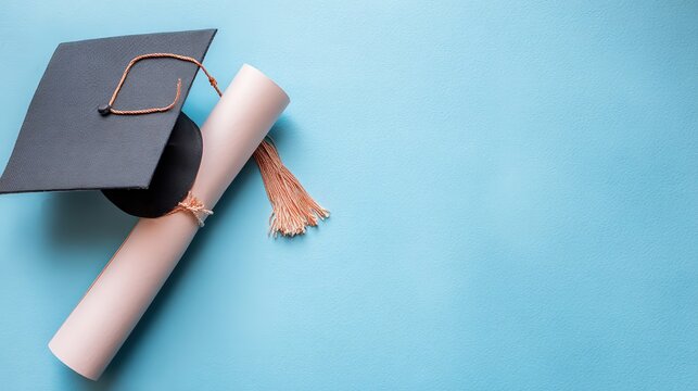 Minimalist bachelor cap and graduation certificate laid flat, light color literary background