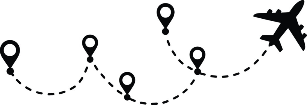 Airplane path icons illustration set, generic flight route lines with dotted paths aircraft start and destination points for travel concept design.