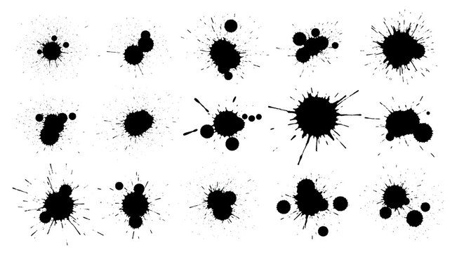 Black ink splatter collection isolated on transparent background.