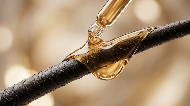 Microscopic close up of pipette dropping golden essential oil serum on human hair strand for repair and nourishment concept with treatment nourishment follicle microscopic