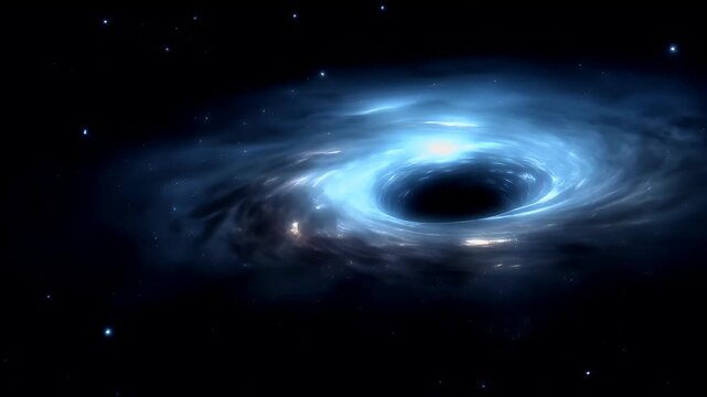 Black hole, fantasy, mysterious. A vivid digital artwork depicts a cosmic scene. A swirling black hole is the central subject, surrounded by a mesmerizing blue and white nebula.