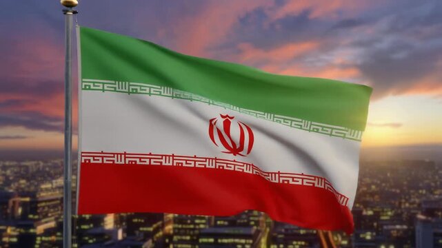 Iranian flag waves at sunset above cityscape, glowing with heritage, identity, and symbolism against warm sky and urban lights.
